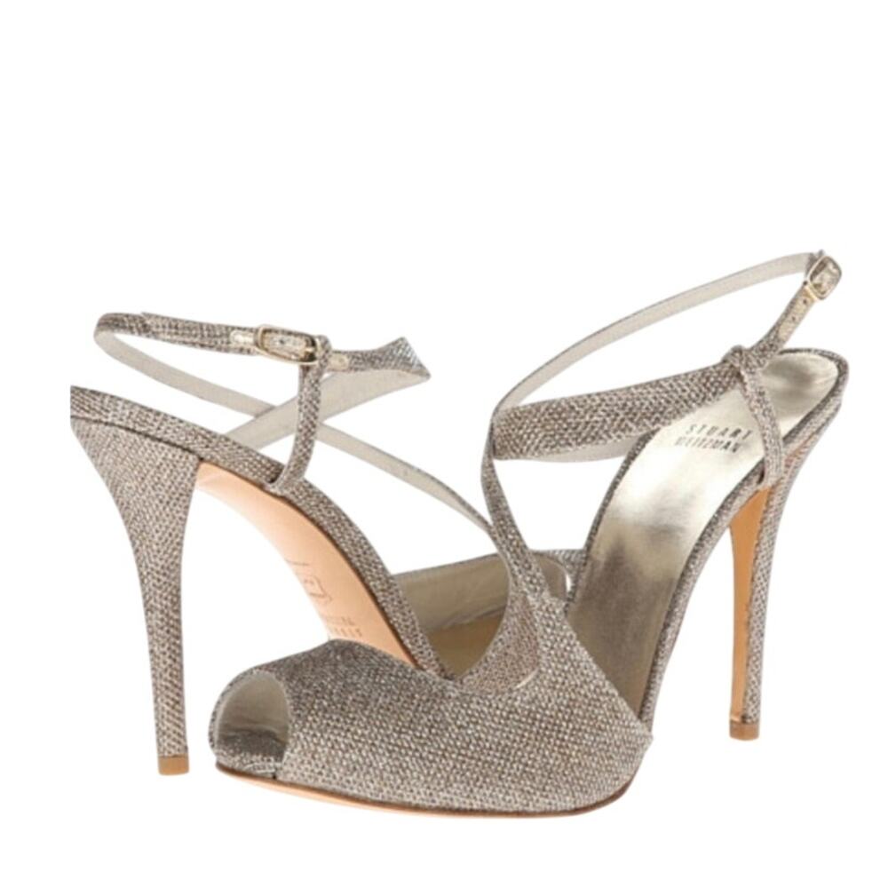 Stuart Weitzman Inviting sparkling strappy heels in Platinum Noir size 10